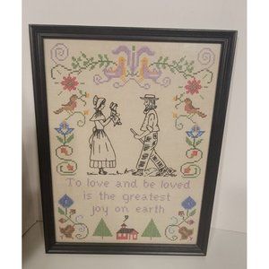 Vintage/Antique Embroidered Love Sampler Wood Framed with Glass